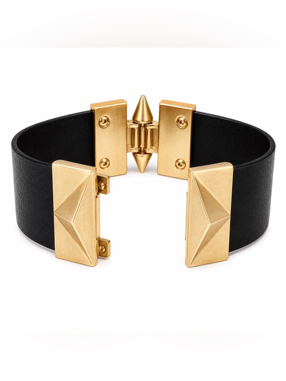 NEW - Bold Black Leather Magnetic Cuff Bracelet w Gold Geometric Pyramid Studs - Picture 4 of 4